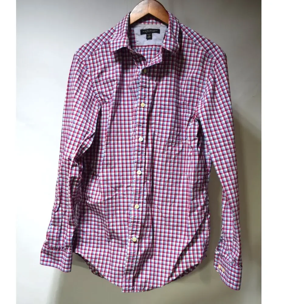 Banana Republic Men’s Red Blue White Gingham Check Long Sleeve Shirt Size Medium